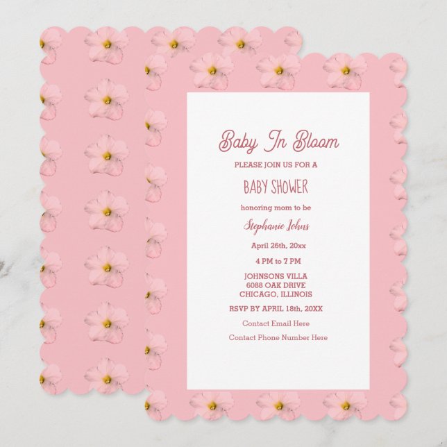 Invitación Chica Baby Shower Bebé En Bloom Patrón Floral Rosa (Anverso / Reverso)