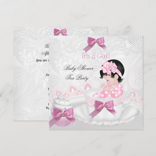 Invitación Chica Baby Shower Bebé Rosa Fiesta de té para té (Anverso / Reverso)