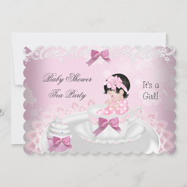 Invitación Chica Baby Shower Bebé Rosa Tacup Cupcake L2 (Anverso)