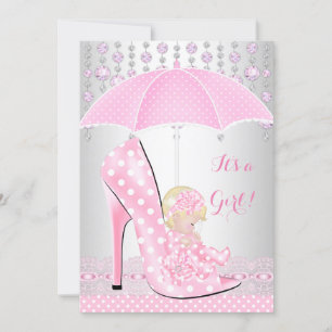 Invitación Chica Baby Shower Bebé Rosa Zapato Diamante A2
