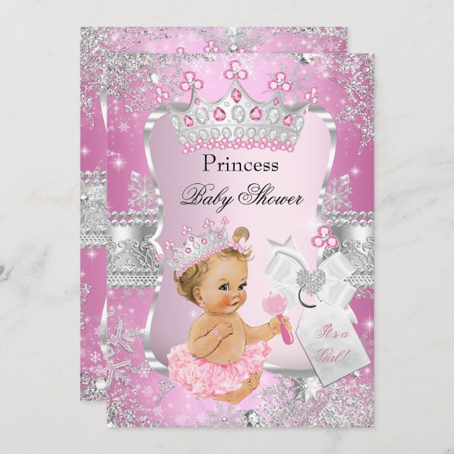 Invitación Chica Baby Shower Blonde Princesa de Plata Rosa (Anverso / Reverso)