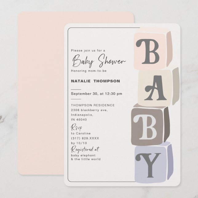 Invitación Chica Baby Shower bloquea Rubor (Anverso / Reverso)