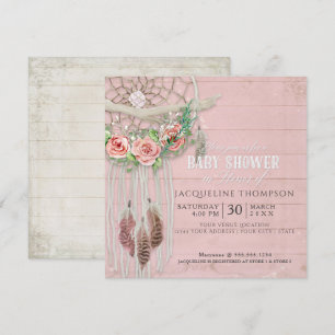 Invitación Chica Baby Shower BOHO Dream Catcher Wood Feather