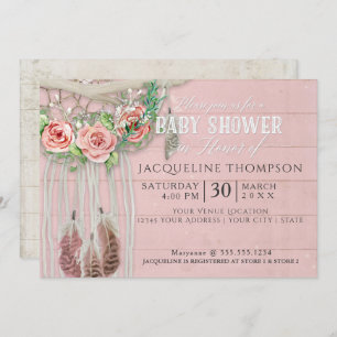 Invitación Chica Baby Shower BOHO Dream Catcher Wood Floral