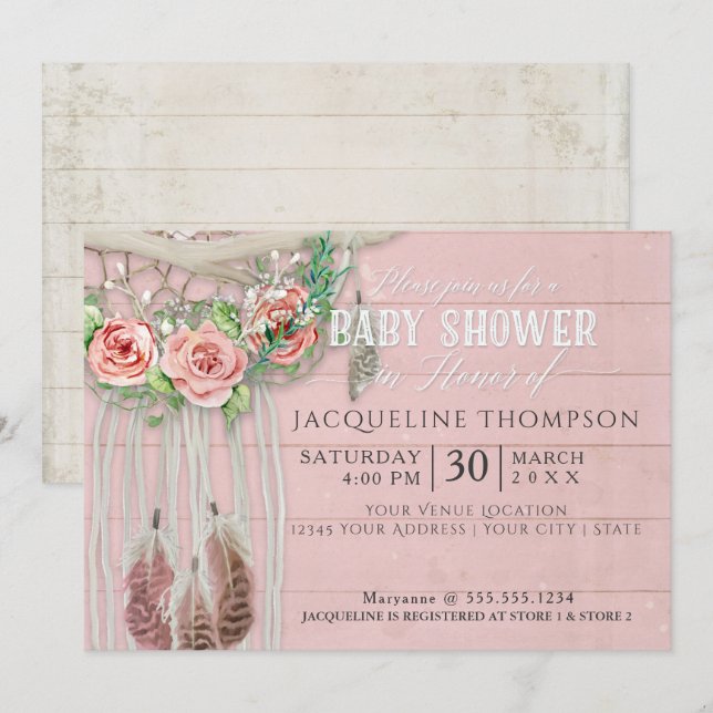 Invitación Chica Baby Shower BOHO Dream Catcher Wood Floral (Anverso / Reverso)