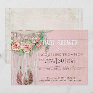 Invitación Chica Baby Shower BOHO Dream Catcher Wood Floral