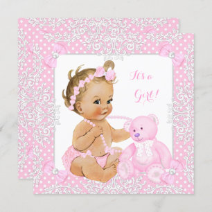 Invitación Chica Baby Shower bonito Lace Bear Blona Rosa