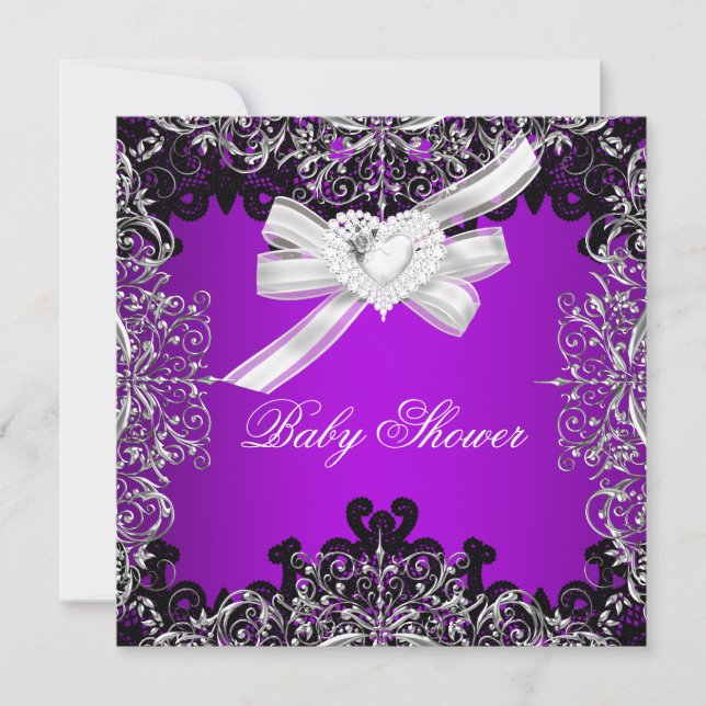 Invitación Chica Baby Shower Bonito morado blanco negro (Anverso)
