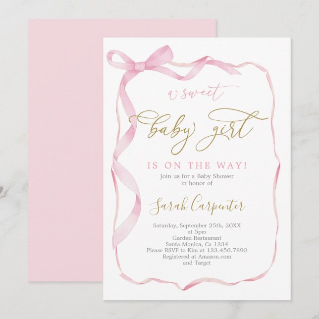 Invitación Chica Baby Shower Bow Rosado (Anverso / Reverso)