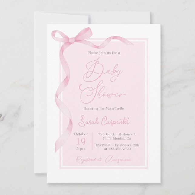 Invitación Chica Baby Shower Bow Rosado (Anverso)