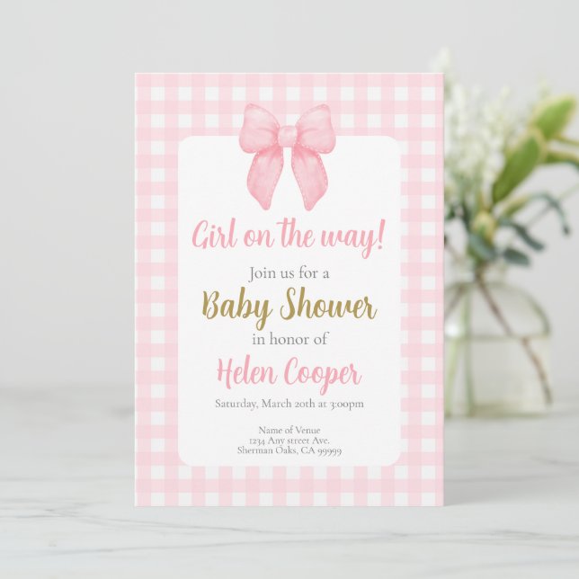 Invitación Chica Baby Shower Bow Rosado (Anverso de pie)
