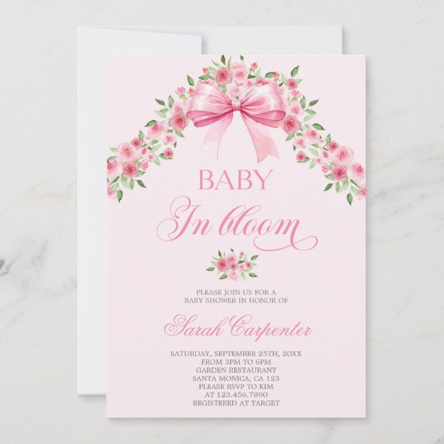 Invitación Chica Baby Shower Bows And Flowers (Anverso)