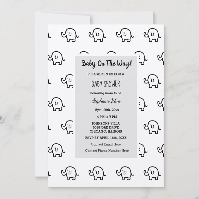 Invitación Chica Baby Shower Boy Elephant Patterns gris plate (Anverso)