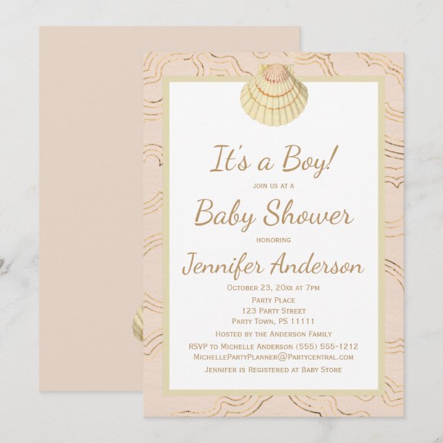 Invitación Chica Baby Shower Boy Seashell de verano (Anverso / Reverso)