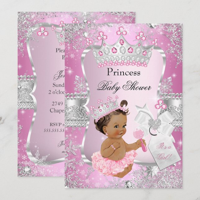 Invitación Chica Baby Shower Brunette Princesa de plata rosa (Anverso / Reverso)