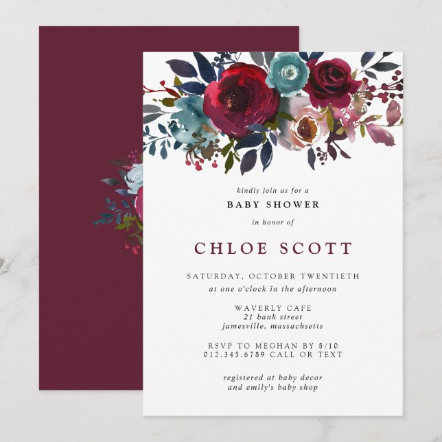 Invitación Chica Baby Shower Burgundy Rosa Floral (Anverso / Reverso)