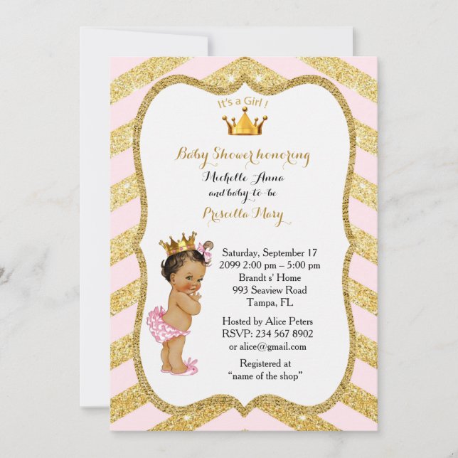Invitación CHICA Baby Shower, chevron dorado, blanco y dorado (Anverso)