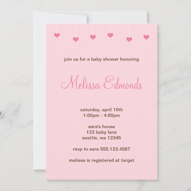 Invitación Chica Baby Shower colgando corazones rosas ligeros (Anverso)