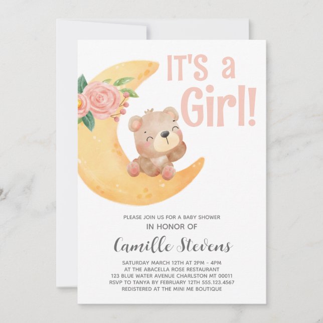 Invitación Chica Baby Shower Cute Moon Bear (Anverso)