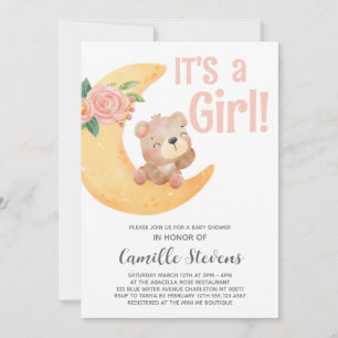 Invitación Chica Baby Shower Cute Moon Bear