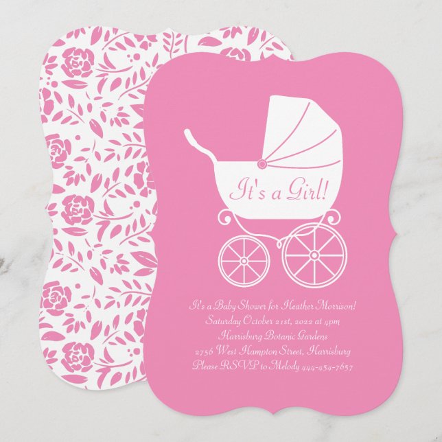 Invitación Chica Baby Shower Cute Rosa Vintage (Anverso / Reverso)