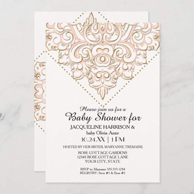 Invitación Chica Baby Shower Damask Pattern Rosa Gold Dot Lac (Anverso / Reverso)
