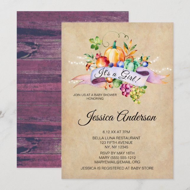 Invitación Chica Baby Shower de alumbrado otoñal del país (Anverso / Reverso)