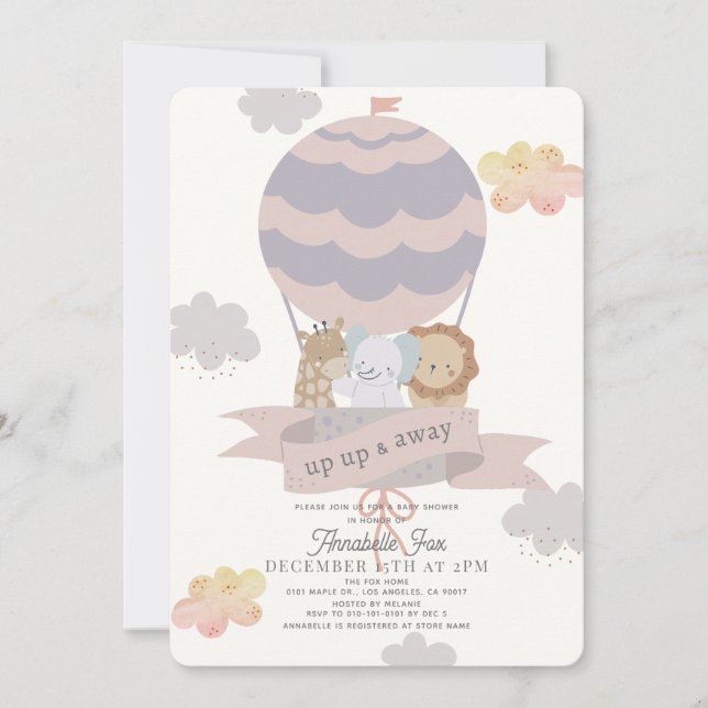 Invitación Chica Baby Shower de animales de globo aerostático (Anverso)