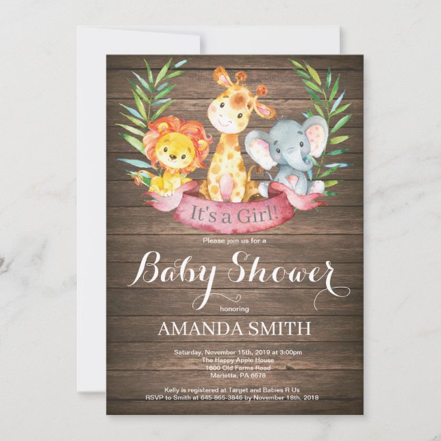 Invitación Chica Baby Shower de animales de la selva Safari r (Anverso)