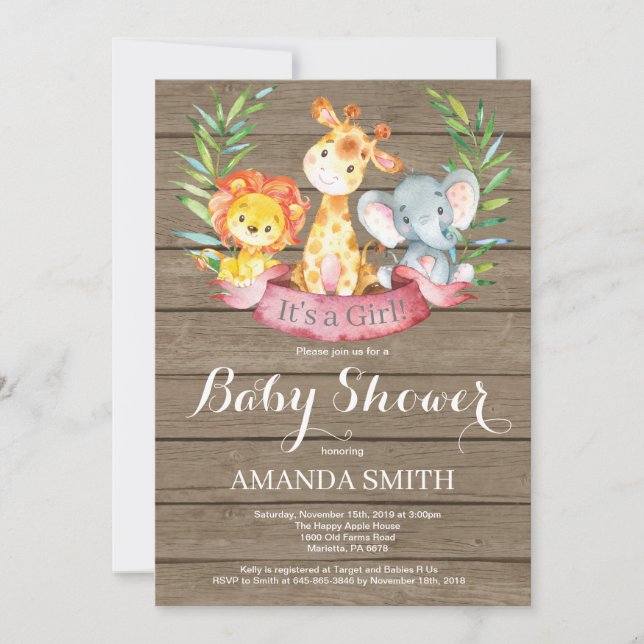 Invitación Chica Baby Shower de animales de la selva Safari r (Anverso)