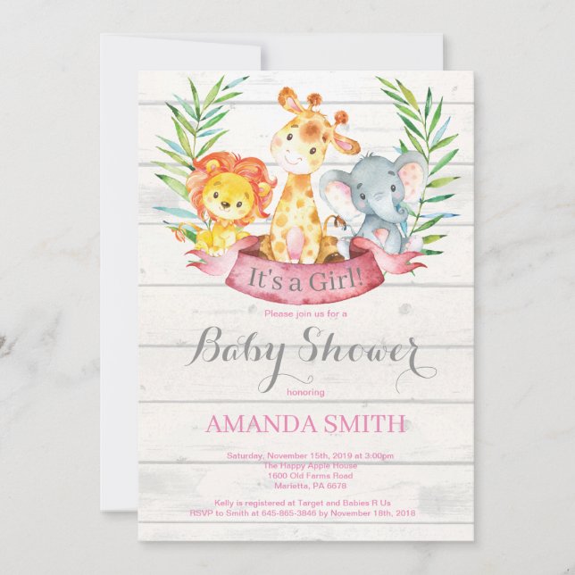 Invitación Chica Baby Shower de animales de la selva Safari r (Anverso)