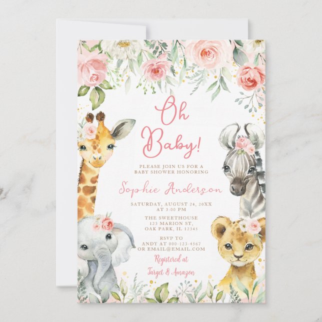 Invitación Chica Baby Shower de animales de Safari de la selv (Anverso)