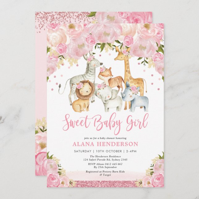 Invitación Chica Baby Shower de animales salvajes Sweet Jungl (Anverso / Reverso)