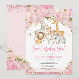 Invitación Chica Baby Shower de animales salvajes Sweet Jungl