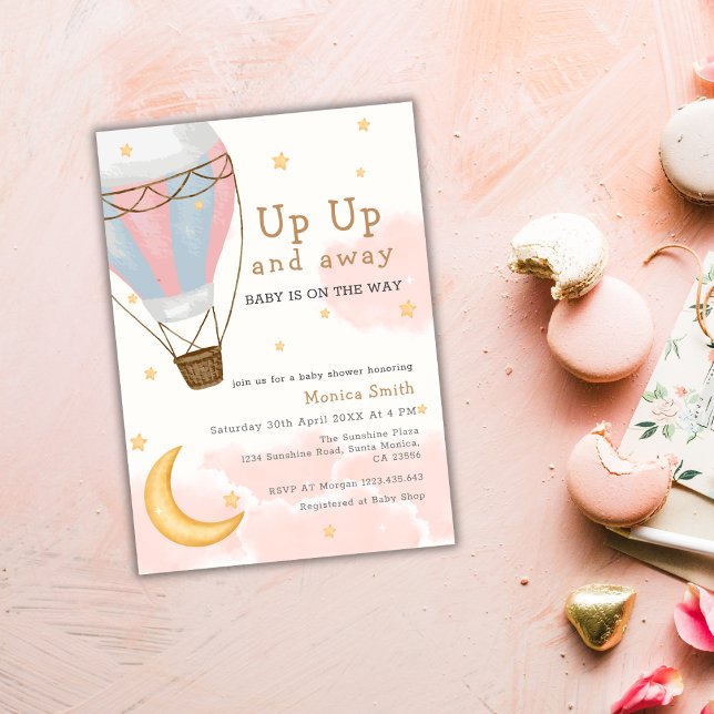 Invitación Chica Baby Shower de Balloon Moon Stars (Hot Air Balloon Moon Stars Girl Baby Shower Invitation)