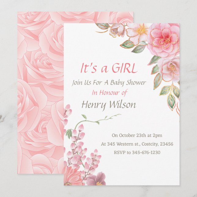 Invitación Chica Baby Shower de Bloom Floral Rosa Rubor (Anverso / Reverso)