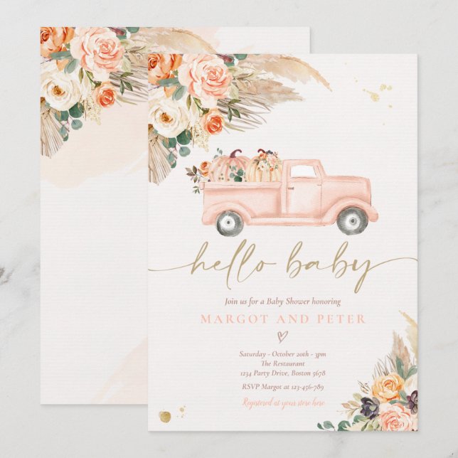 Invitación Chica Baby Shower de Boho Pumpkin Camión de recogi (Anverso / Reverso)