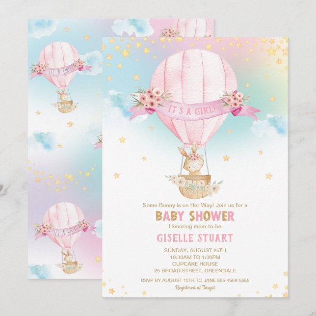 Invitación Chica Baby Shower de Bunny Rabbit Hot Air Balloon (Anverso / Reverso)