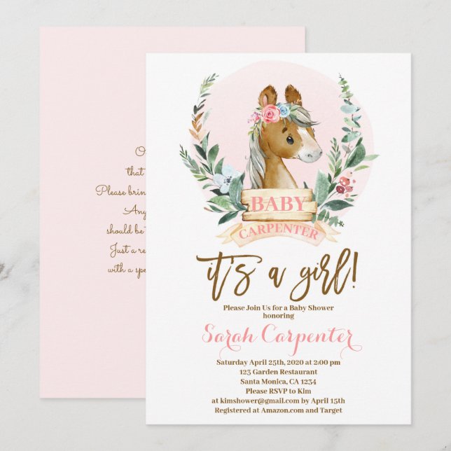 Invitación chica Baby Shower de caballo (Anverso / Reverso)