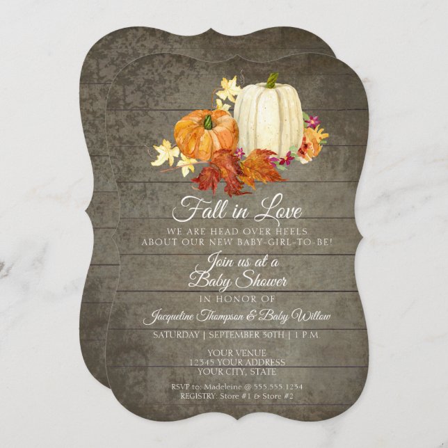 Invitación Chica Baby Shower de calabazas de madera gris flor (Anverso / Reverso)