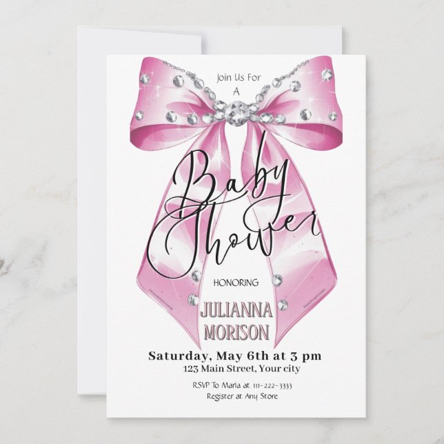 Invitación Chica Baby Shower de Coquette Bow Diamond Rosa (Anverso)