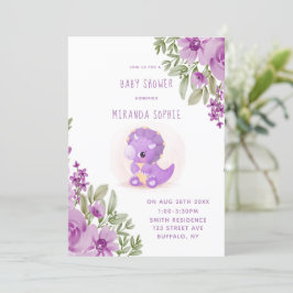 Invitación Chica Baby Shower de Cute Purple Dinosaur Florals