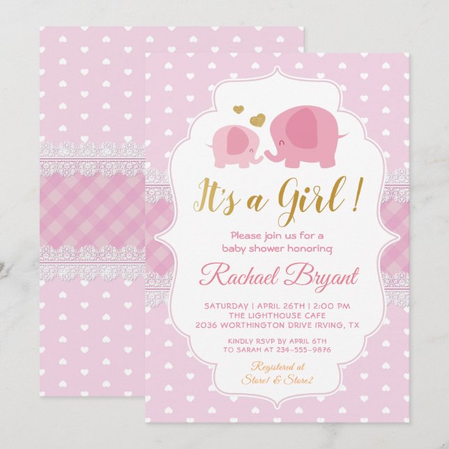 Invitación Chica Baby Shower de elefante de encaje dorado dul (Anverso / Reverso)