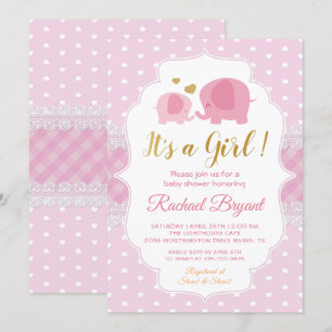 Invitación Chica Baby Shower de elefante de encaje dorado dul