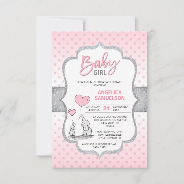 Invitación Chica Baby Shower de elefante gris rosado de punto (Anverso)