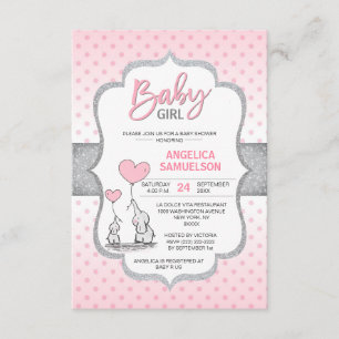 Invitación Chica Baby Shower de elefante gris rosado de punto