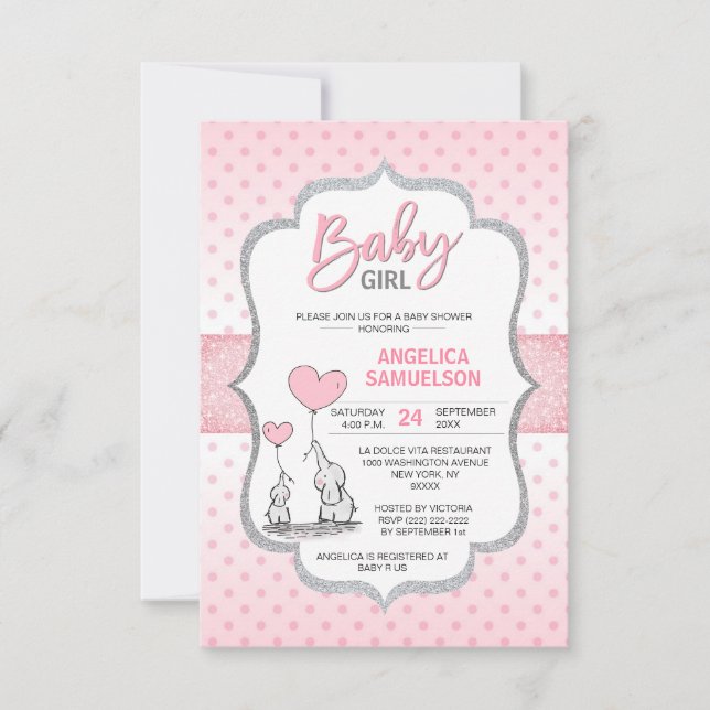 Invitación Chica Baby Shower de elefante gris rosado de punto (Anverso)