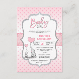 Invitación Chica Baby Shower de elefante gris rosado de punto