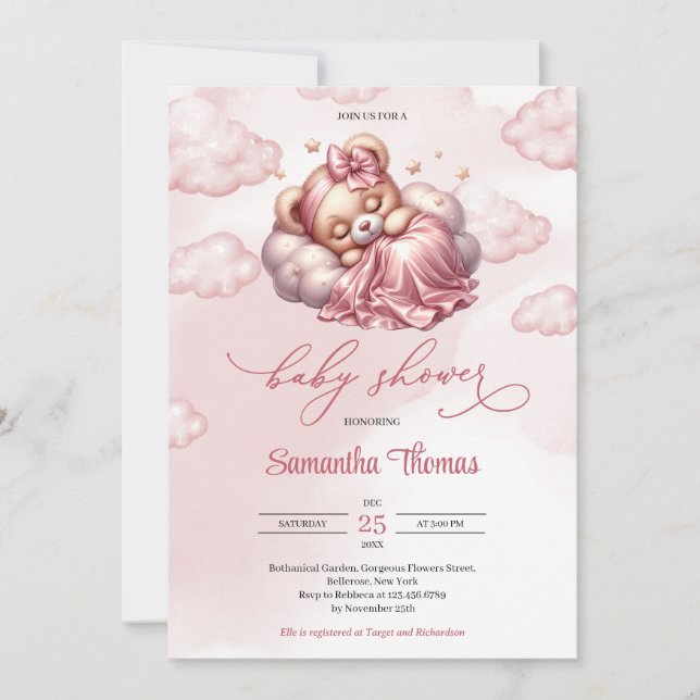 Invitación Chica Baby Shower de escritura moderna durmiendo o (Anverso)