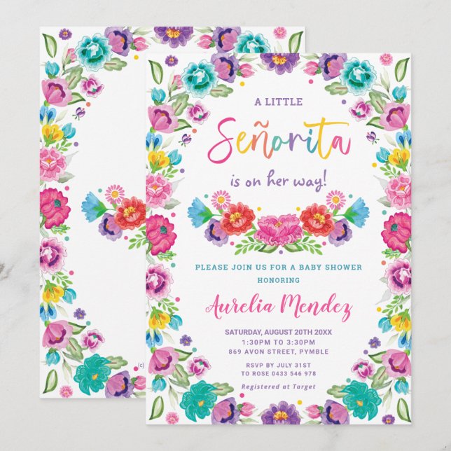Invitación Chica Baby Shower de Floral Senorita española (Anverso / Reverso)